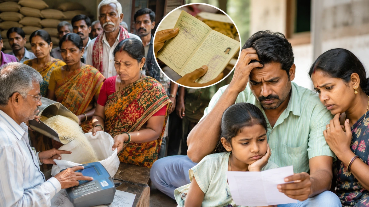 ரேஷன் கடையில் தானியங்கள் பெறும் குடும்பங்கள் மற்றும் ரேஷன் கார்டு நிலை குறித்து கவலையுடன் ஆவணங்களை பார்க்கும் இந்திய குடும்பம்