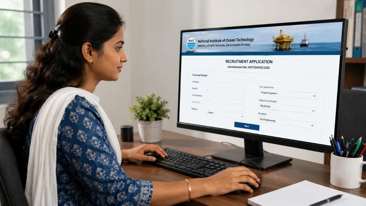 South Indian woman applying online for NIOT Chennai Recruitment 2026 using a computer