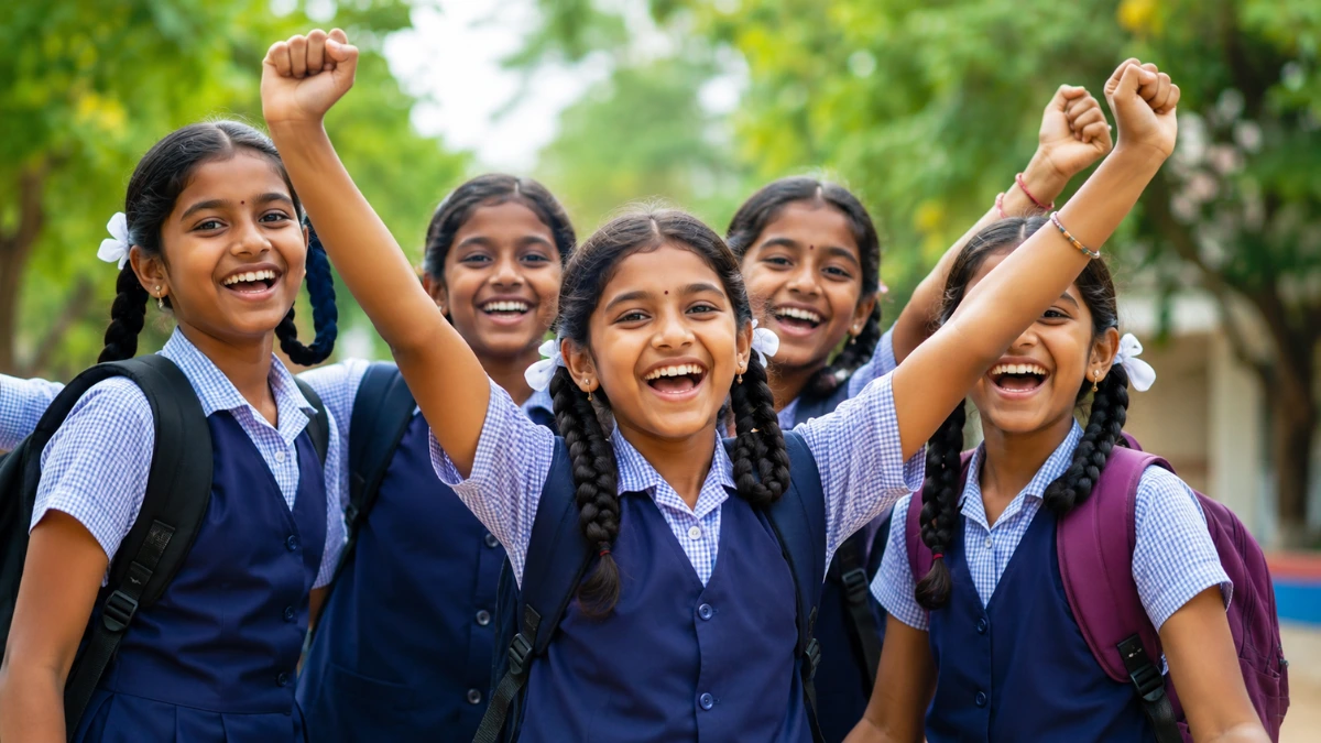 Tamil Nadu school girls celebrating happily as students get a 3-day holiday in June 2026 due to Muharram, fourth Saturday and Sunday holidays.